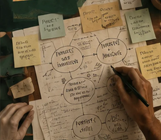 A hand sketching a model among sticky notes